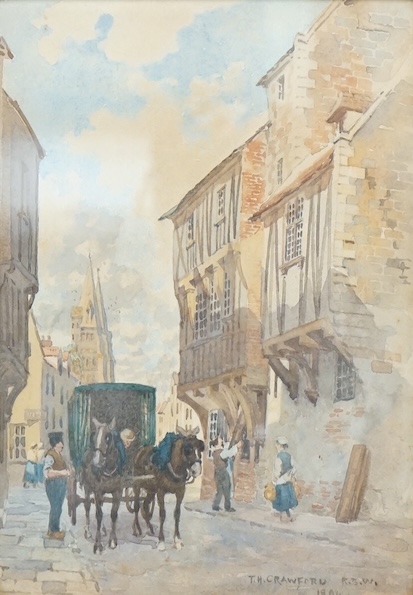 Thomas Hamilton Crawford RSW (1860-1934), watercolour, Street scene with horse and cart, signed and dated 1894, 24 x 17cm, housed in an ebonised frame